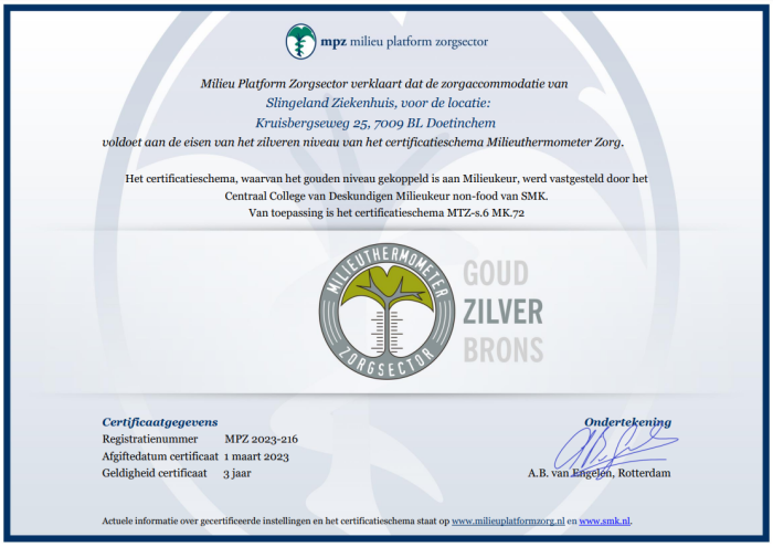 Afbeelding van het certificaat dat het Slingeland Ziekenhuis heeft ontvangen.