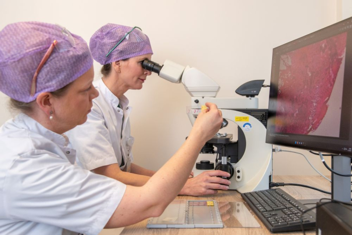 In het Mohs-lab controleren Demia Tiemes en Kim Meeuwis onder de microscoop de snijranden. Foto: Karel Peters