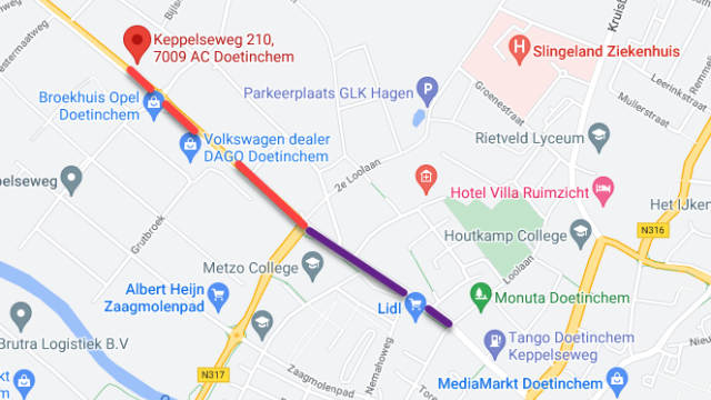 Afsluiting Keppelseweg Doetinchem: fase 1 in rood, fase 2 in paars.